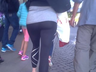 Excellent MILF with Bubble Butt in Black Leggings and Heels Walking 1