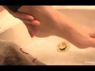 Chloe petite charming amateur blonde washing ang licking feet in bathroom